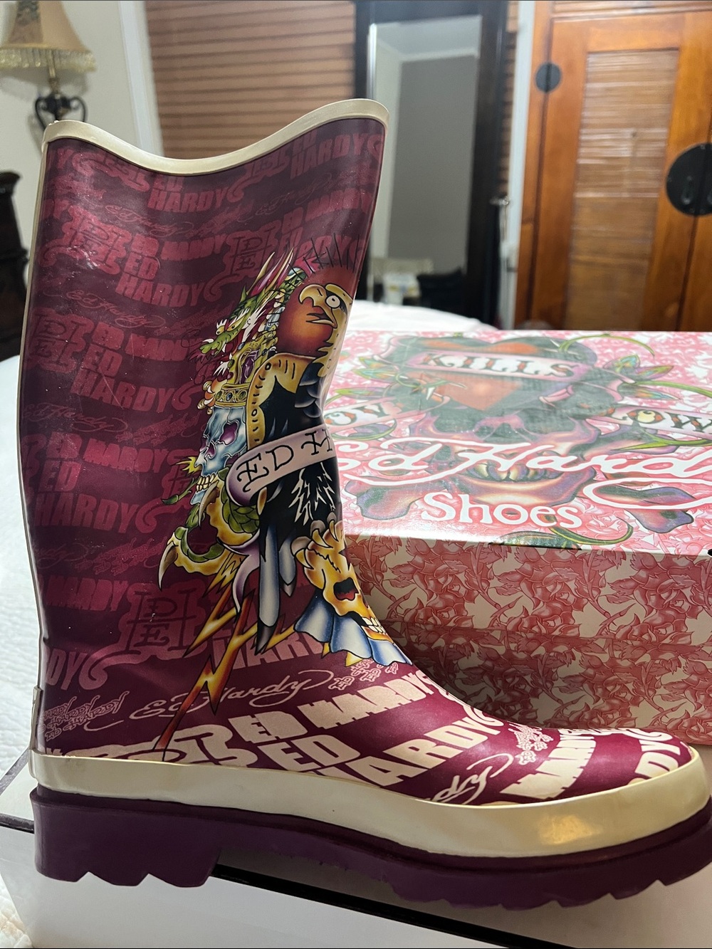 Ed Hardy Burgundy Graphic Women's Rain Boots